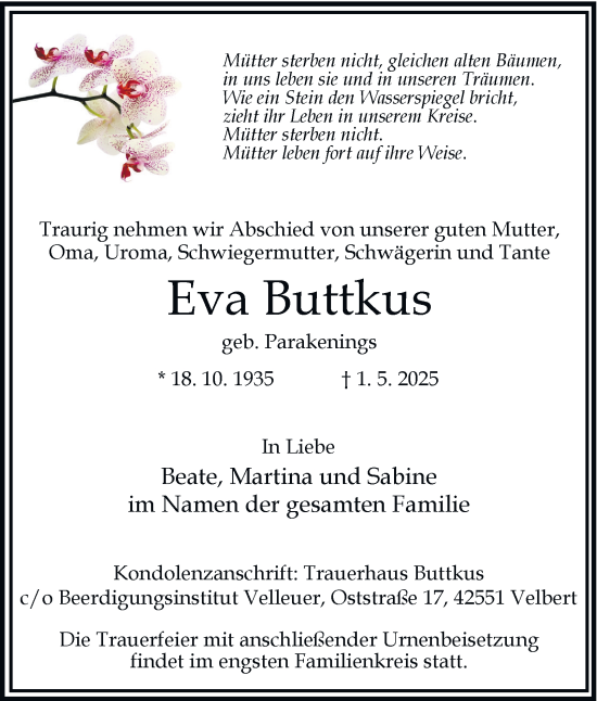 Traueranzeige von Eva Buttkus von Tageszeitung