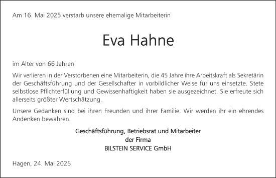 Traueranzeige von Eva Hahne von Tageszeitung