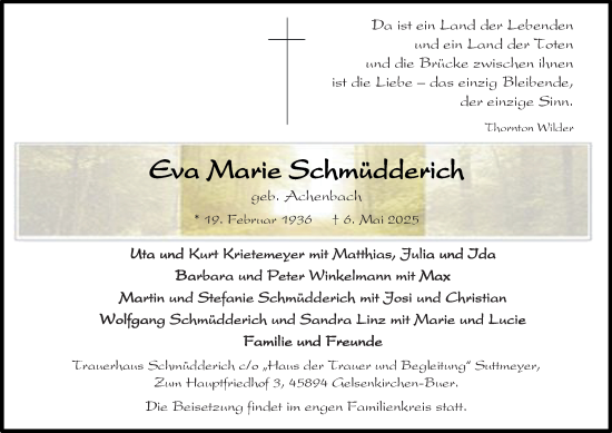 Traueranzeige von Eva Marie Schmüdderich von Tageszeitung