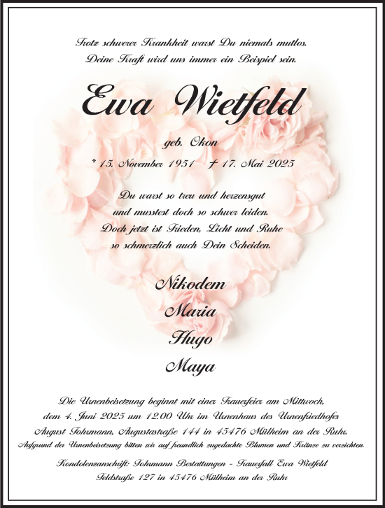 Traueranzeige von Ewa Wietfeld von Tageszeitung