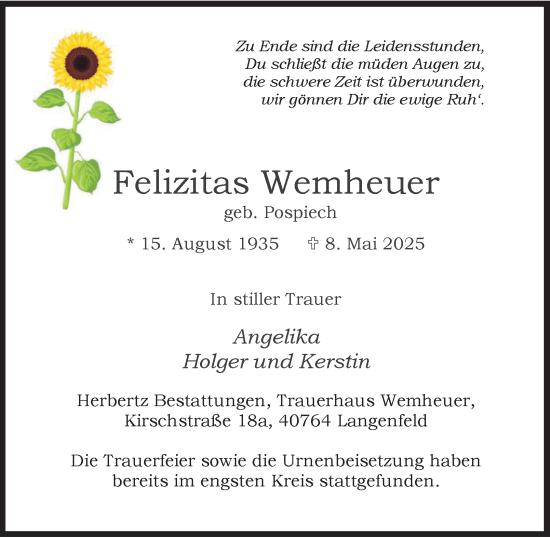 Traueranzeige von Felizitas Wemheuer von Tageszeitung