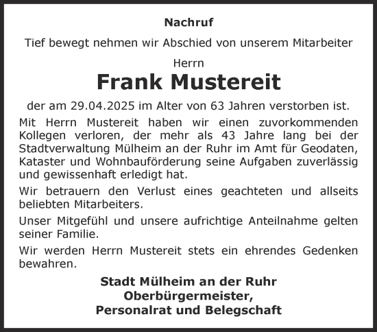 Traueranzeige von Frank Mustereit von Tageszeitung