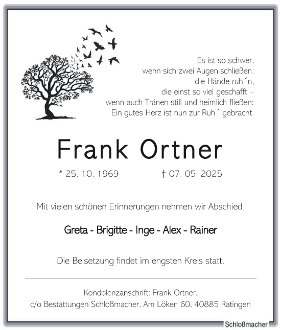 Traueranzeige von Frank Ortner von Tageszeitung