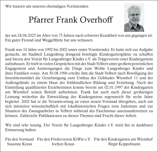 Traueranzeige von Frank Overhoff von Tageszeitung