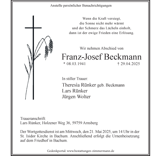 Traueranzeige von Franz-Josef Beckmann von Tageszeitung