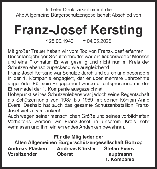 Traueranzeige von Franz-Josef Kersting von Tageszeitung