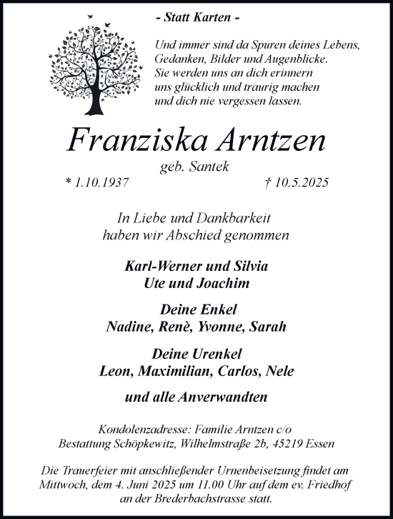 Traueranzeige von Franziska Arntzen von Tageszeitung
