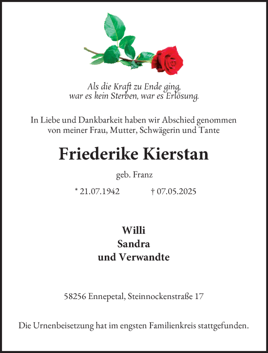 Traueranzeige von Friederike Kierstan von Tageszeitung