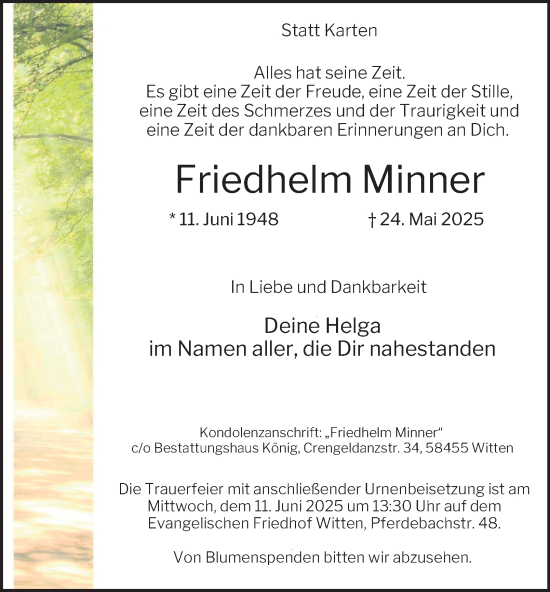 Traueranzeige von Friedhelm Minner von Tageszeitung