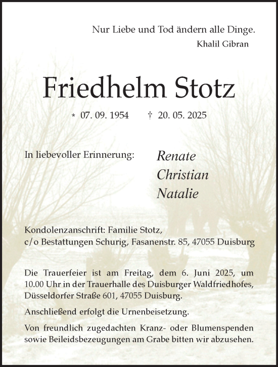 Traueranzeige von Friedhelm Stotz von Tageszeitung
