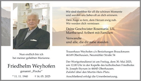 Traueranzeige von Friedhelm Weyhofen von Tageszeitung