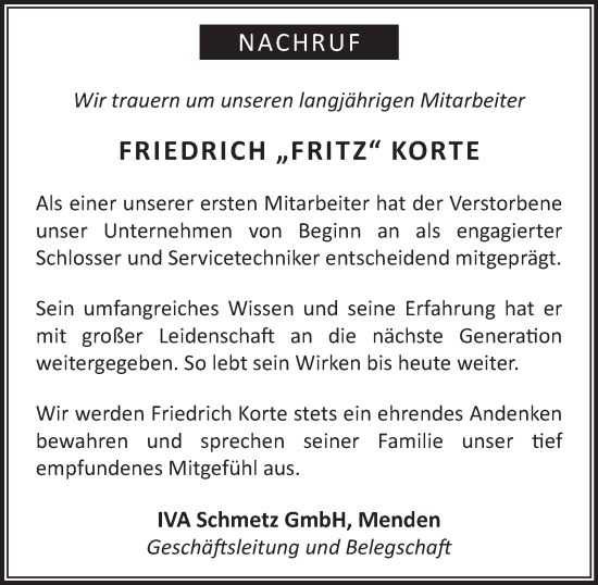 Traueranzeige von Friedrich Korte von Tageszeitung