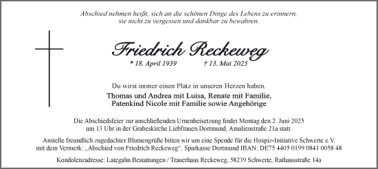 Traueranzeige von Friedrich Reckeweg von Tageszeitung