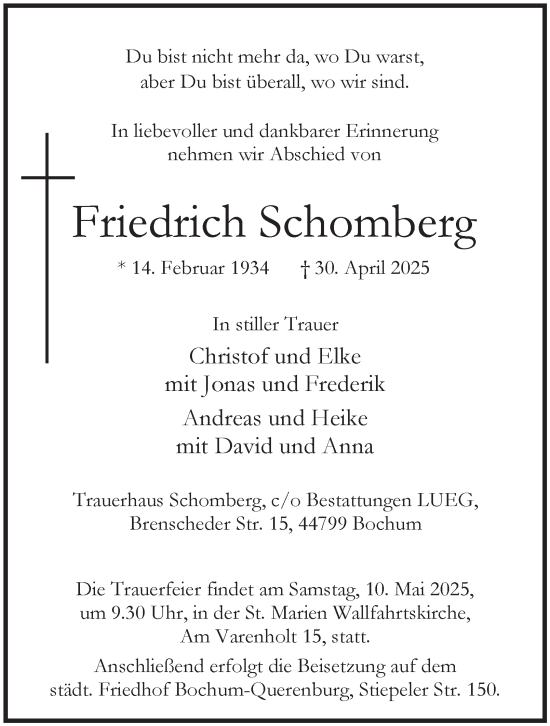 Traueranzeige von Friedrich Schomberg von Tageszeitung