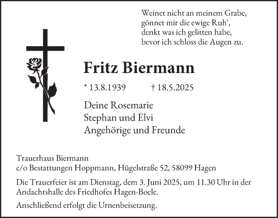 Traueranzeige von Fritz Biermann von Tageszeitung