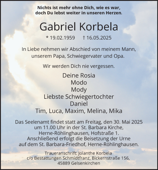 Traueranzeige von Gabriel Korbela von Tageszeitung