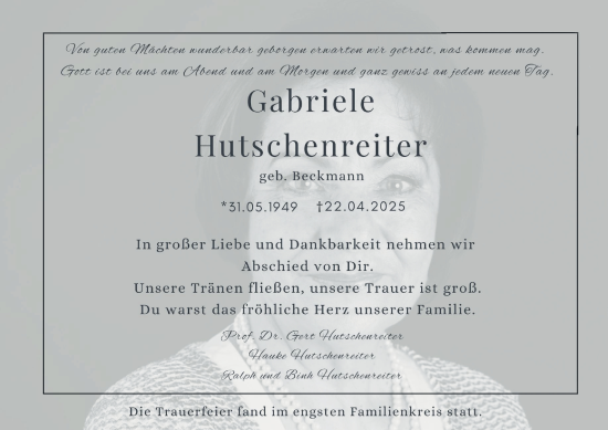 Traueranzeige von Gabriele Hutschenreiter von Tageszeitung