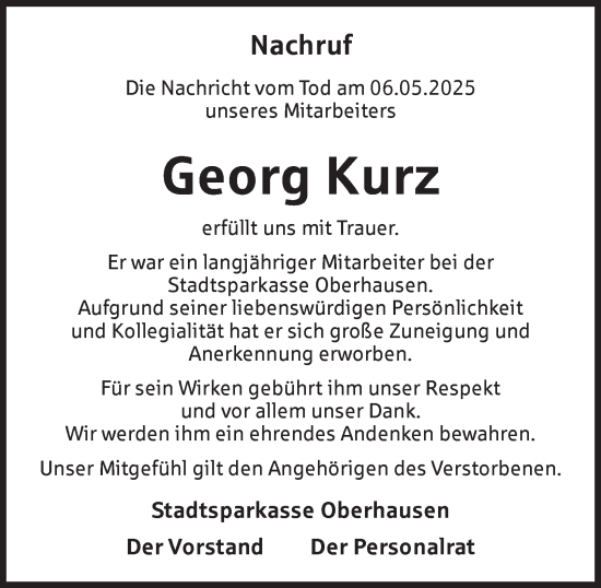 Traueranzeige von Georg Kurz von Tageszeitung