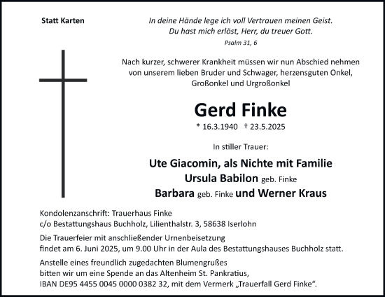 Traueranzeige von Gerd Finke von Tageszeitung