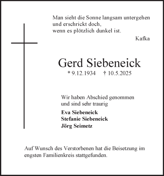 Traueranzeige von Gerd Siebeneick von Tageszeitung