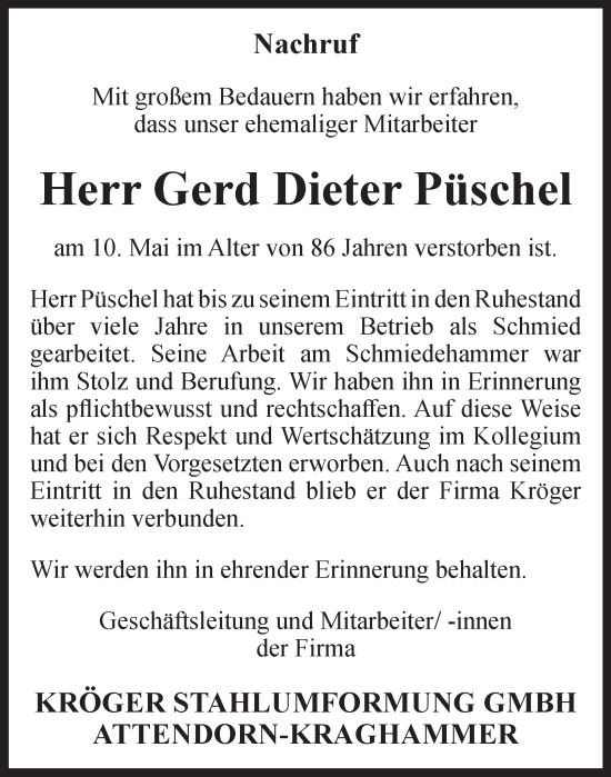 Traueranzeige von Gerd Dieter Püschel von Tageszeitung