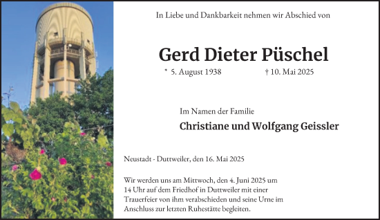 Traueranzeige von Gerd Dieter Püschel von Tageszeitung