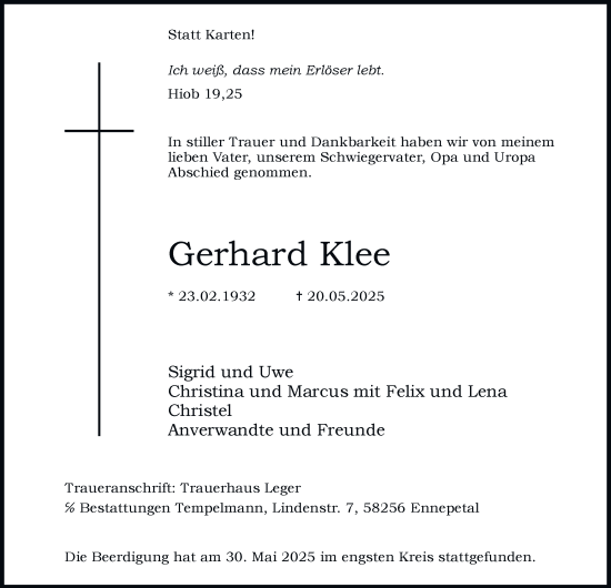 Traueranzeige von Gerhard Klee von Tageszeitung