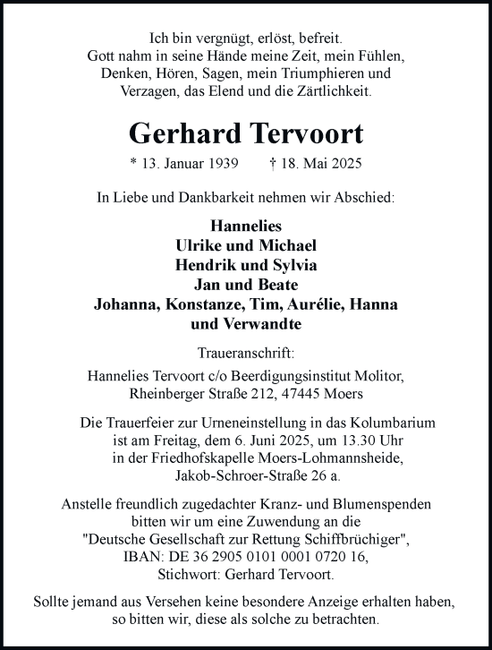 Traueranzeige von Gerhard Tervoort von Tageszeitung
