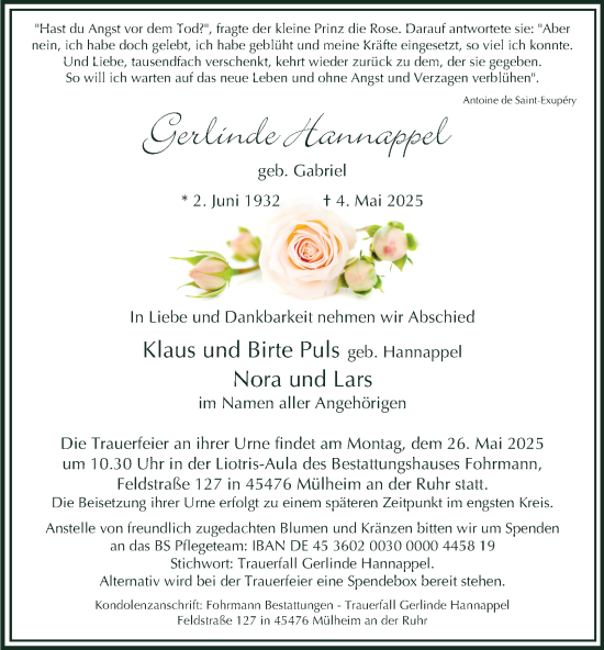 Traueranzeige von Gerlinde Hannappel von Tageszeitung