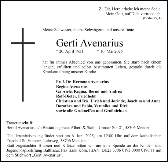 Traueranzeige von Gerti Avenarius von Tageszeitung