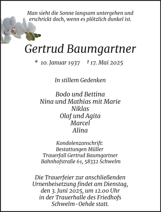 Traueranzeige von Gertrud Baumgartner von Tageszeitung