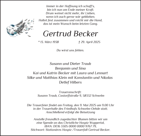 Traueranzeige von Gertrud Becker von Tageszeitung
