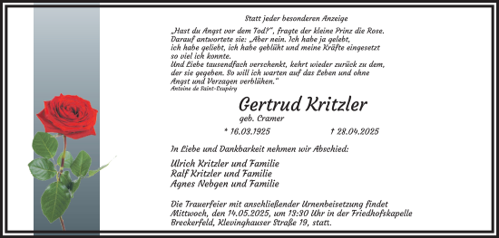 Traueranzeige von Gertrud Kritzler von Tageszeitung