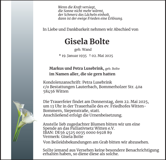 Traueranzeige von Gisela Bolte von Tageszeitung