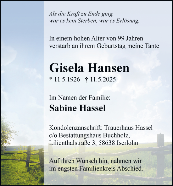 Traueranzeige von Gisela Hansen von Tageszeitung
