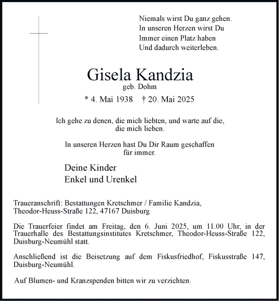 Traueranzeige von Gisela Kandzia von Tageszeitung