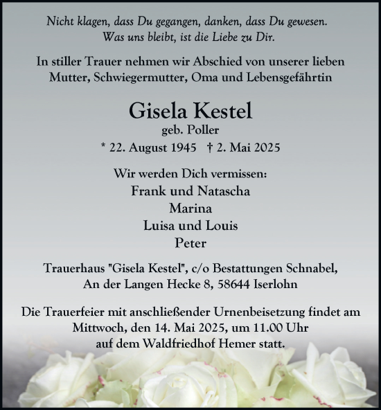 Traueranzeige von Gisela Kestel von Tageszeitung