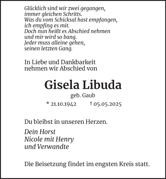 Traueranzeige von Gisela Libuda von Tageszeitung