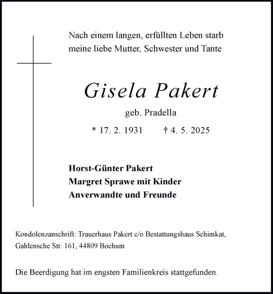 Traueranzeige von Gisela Pakert von Tageszeitung