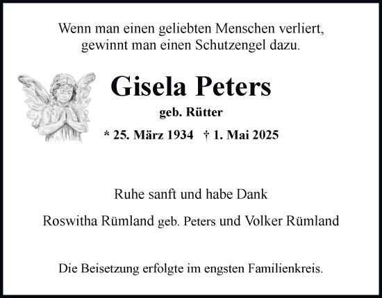 Traueranzeige von Gisela Peters von Tageszeitung