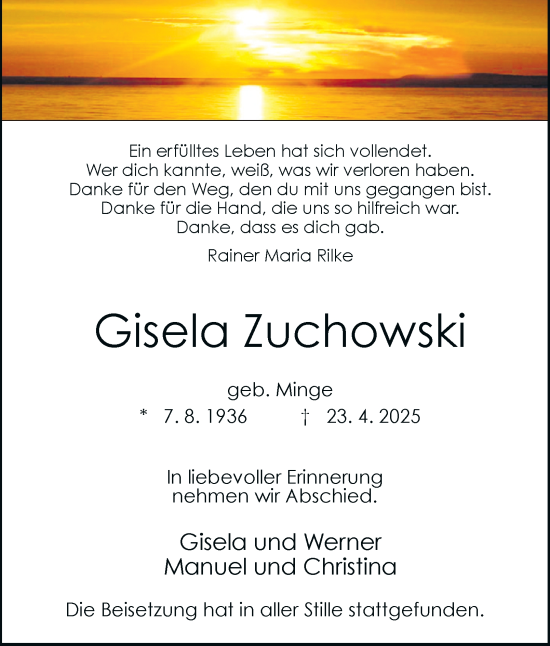 Traueranzeige von Gisela Zuchowski von Tageszeitung