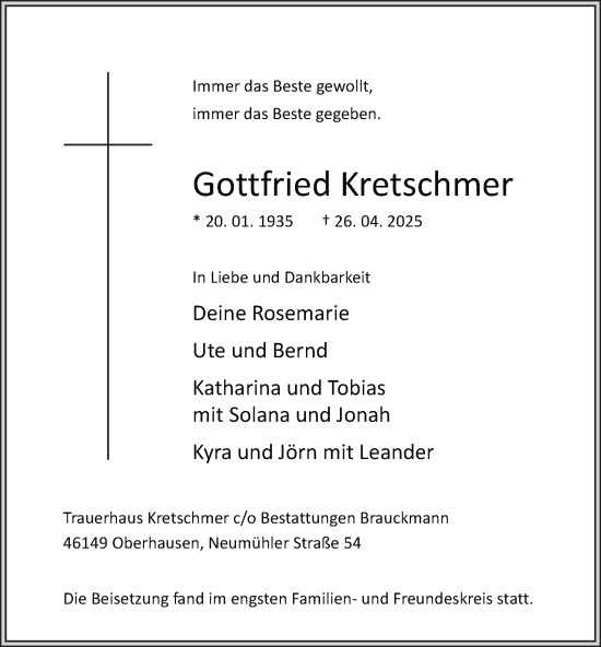 Traueranzeige von Gottfried Kretschmer von Tageszeitung