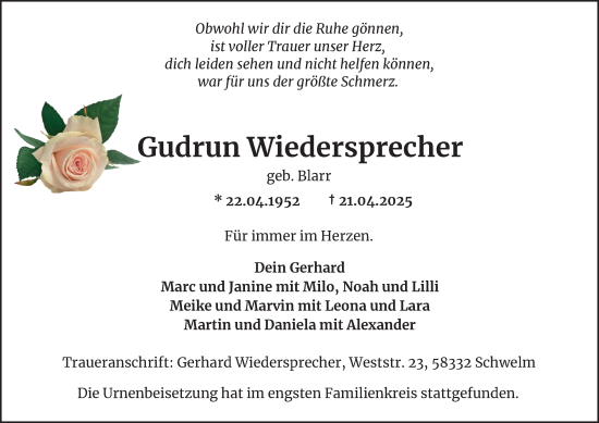 Traueranzeige von Gudrun Wiedersprecher von Tageszeitung
