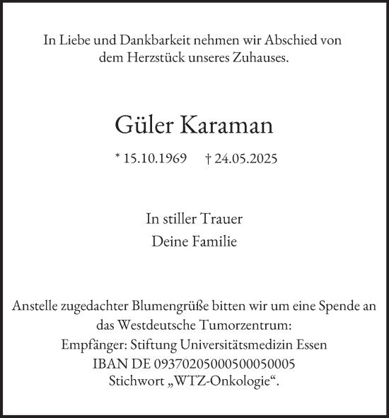 Traueranzeige von Güler Karaman von Tageszeitung