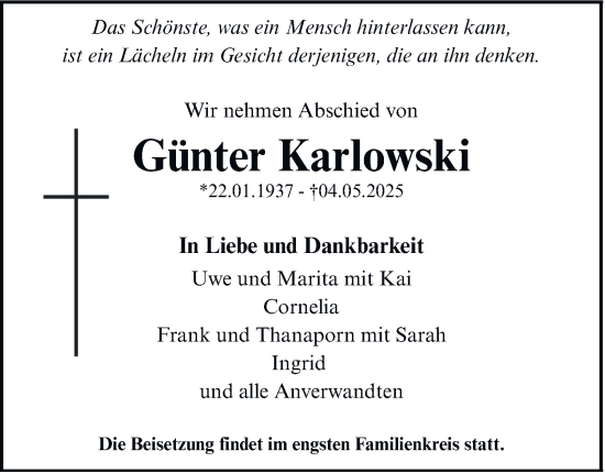 Traueranzeige von Günter Karlowski von Tageszeitung