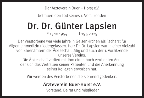 Traueranzeige von Günter Lapsien von Tageszeitung