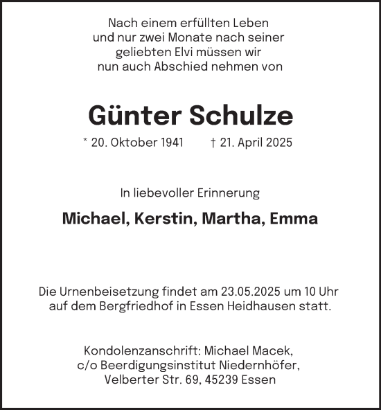 Traueranzeige von Günter Schulze von Tageszeitung