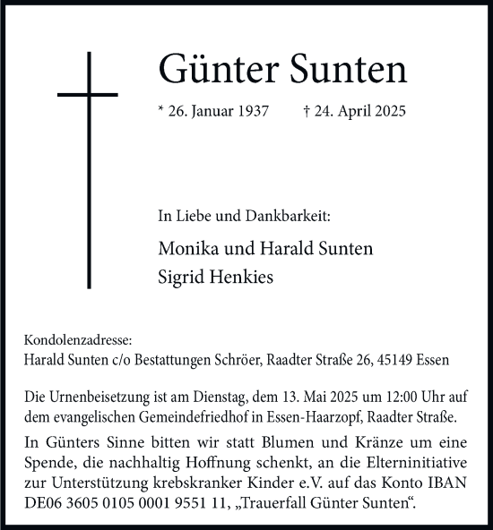 Traueranzeige von Günter Sunten von Tageszeitung