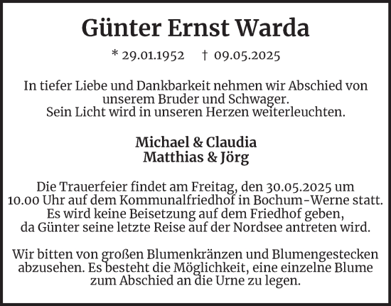 Traueranzeige von Günter Ernst Warda von Tageszeitung