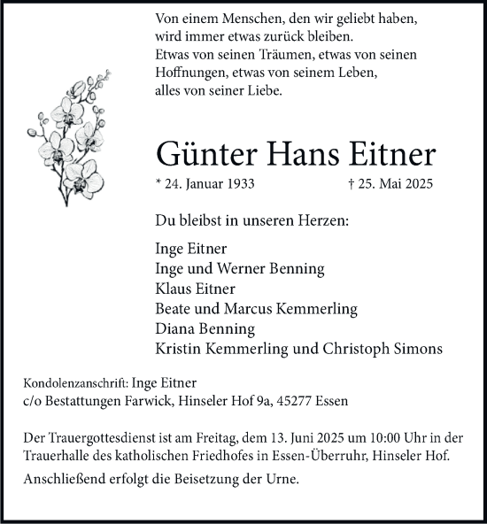Traueranzeige von Günter Hans Eitner von Tageszeitung